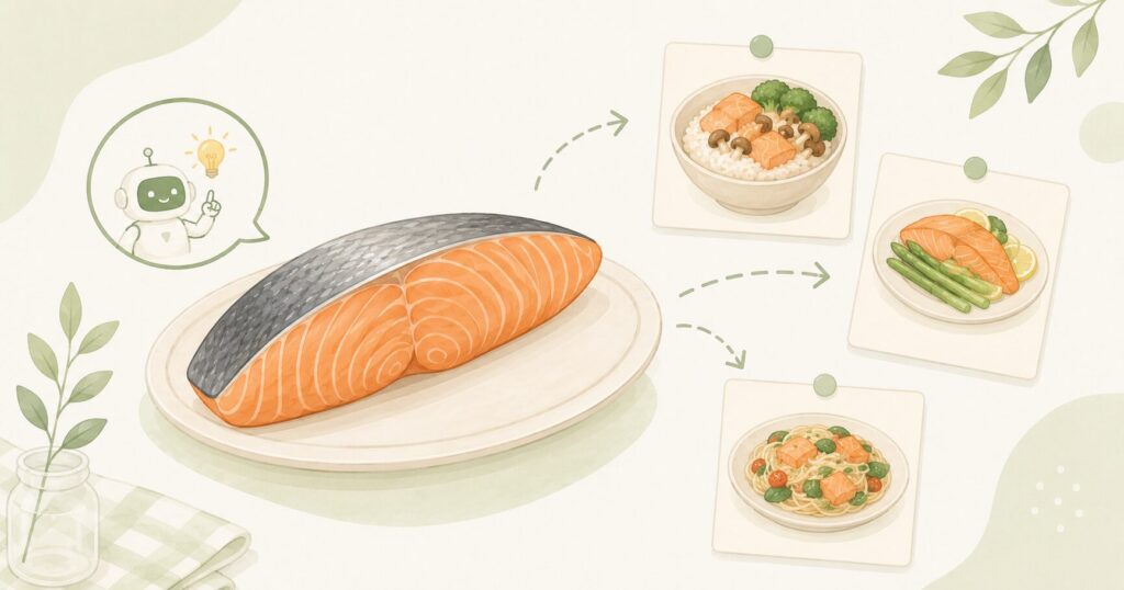 大きな鮭の切り身から複数の料理案につながる様子と、AIロボットが描かれた、食材から献立を考えるイメージのイラスト。