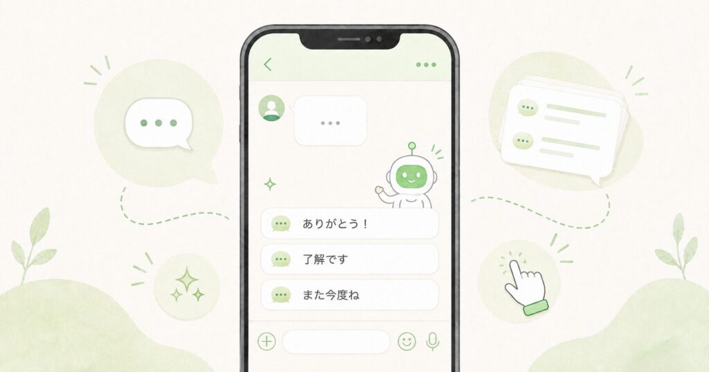 スマホのメッセージ画面に返信候補が表示され、AIロボット、チェックリスト、注意マークが添えられた、LINEの返信提案機能をイメージしたイラスト。