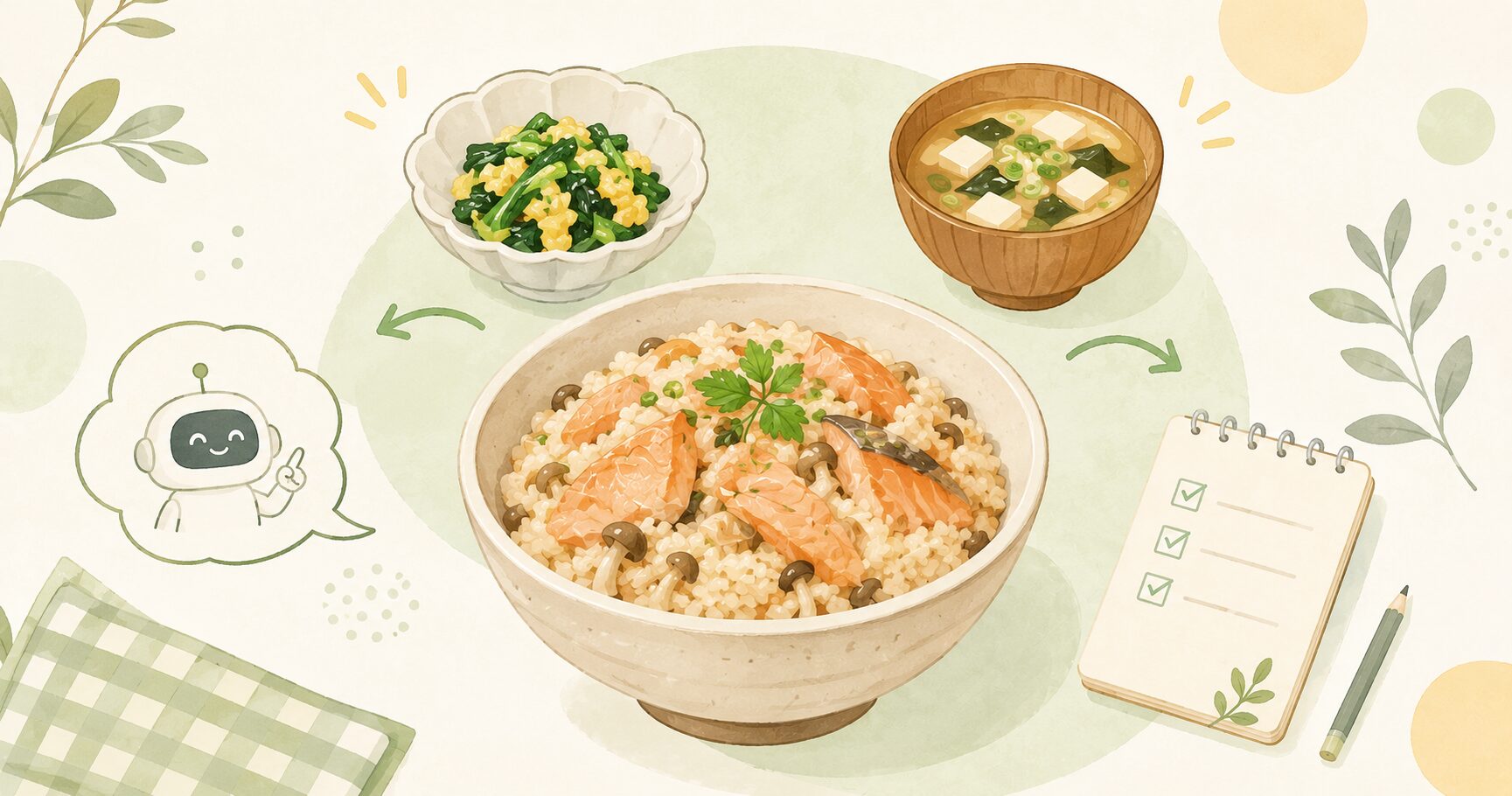 鮭ときのこの炊き込みご飯、和え物、味噌汁、チェックリスト、AIロボットが描かれた、献立提案をイメージしたイラスト。