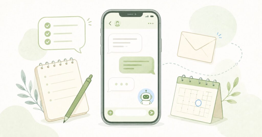 スマホのメッセージ画面を中心に、吹き出し、メモ、封筒、カレンダー、AIロボットが並ぶ、連絡文作成をイメージしたイラスト。