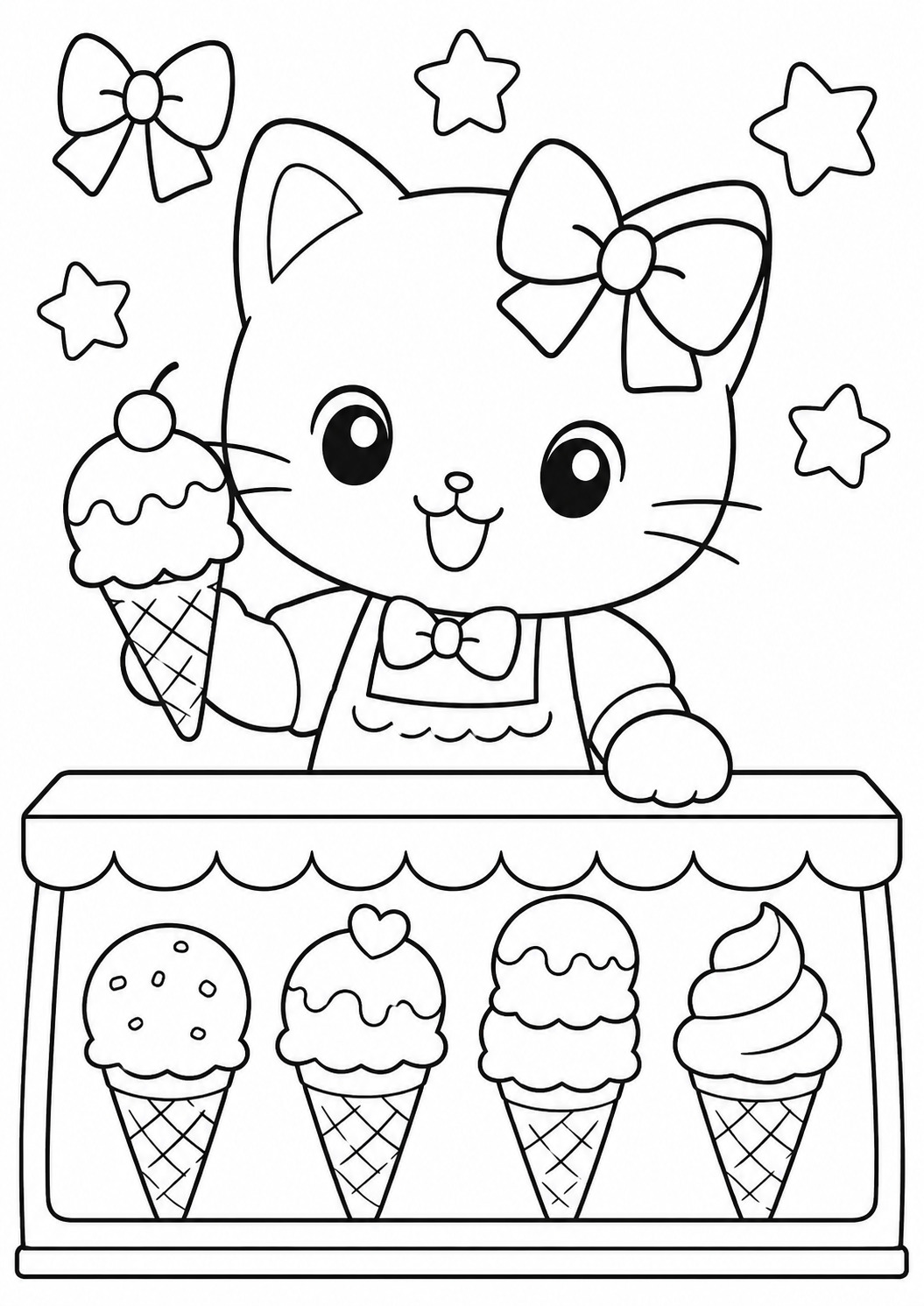ChatGPTで作成した、ねこがアイスを持つアイスクリーム屋さんの白黒ぬりえ画像