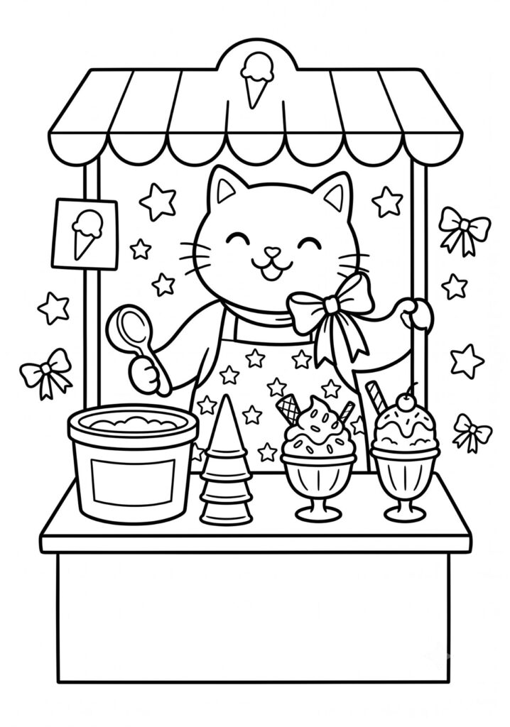 Geminiで作成した、ねこがアイスクリーム屋さんをしている白黒ぬりえ画像