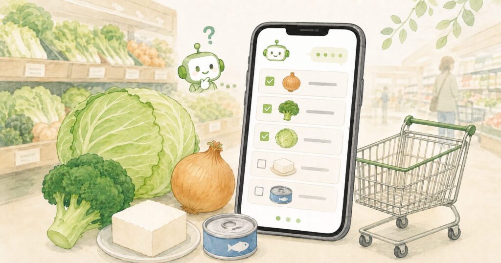 スーパーでスマホの買い物リストを見ながら、食材を選んでいる様子を描いたアイキャッチ画像