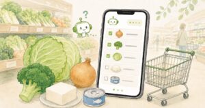 スーパーでスマホの買い物リストを見ながら、食材を選んでいる様子を描いたアイキャッチ画像
