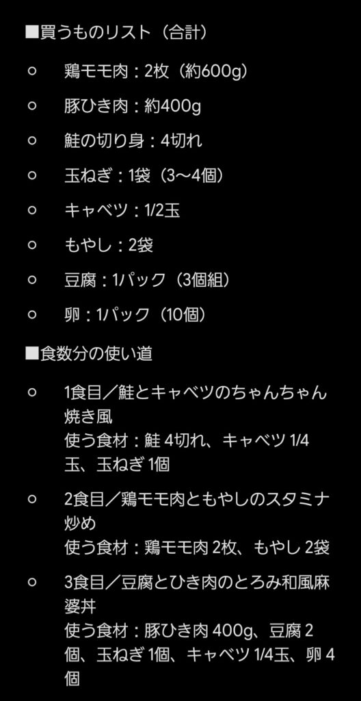 Geminiにスーパーで買うものを相談し、買い物リストと3食分の使い道が表示された画面