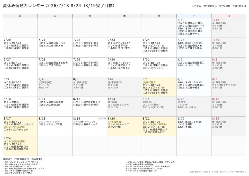 夏休みの宿題と予定をA4横向きで印刷しやすく整えた、シンプルな宿題カレンダー