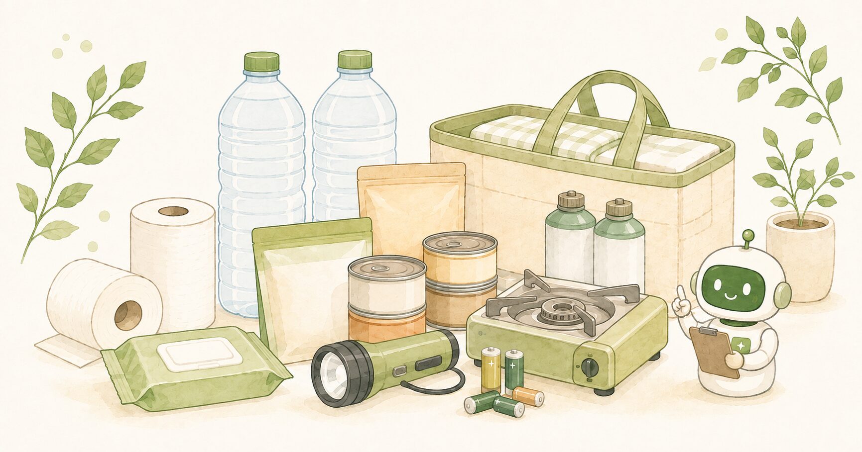飲料水や缶詰、懐中電灯などの防災備蓄とAIロボットを描いたイラスト